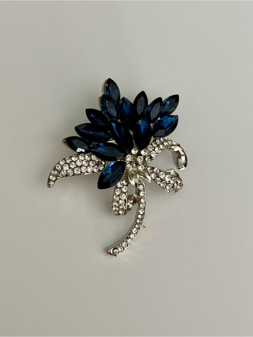 Blue Rhinestone Floral Brooch Pin Silver Tone Statement Jewelry